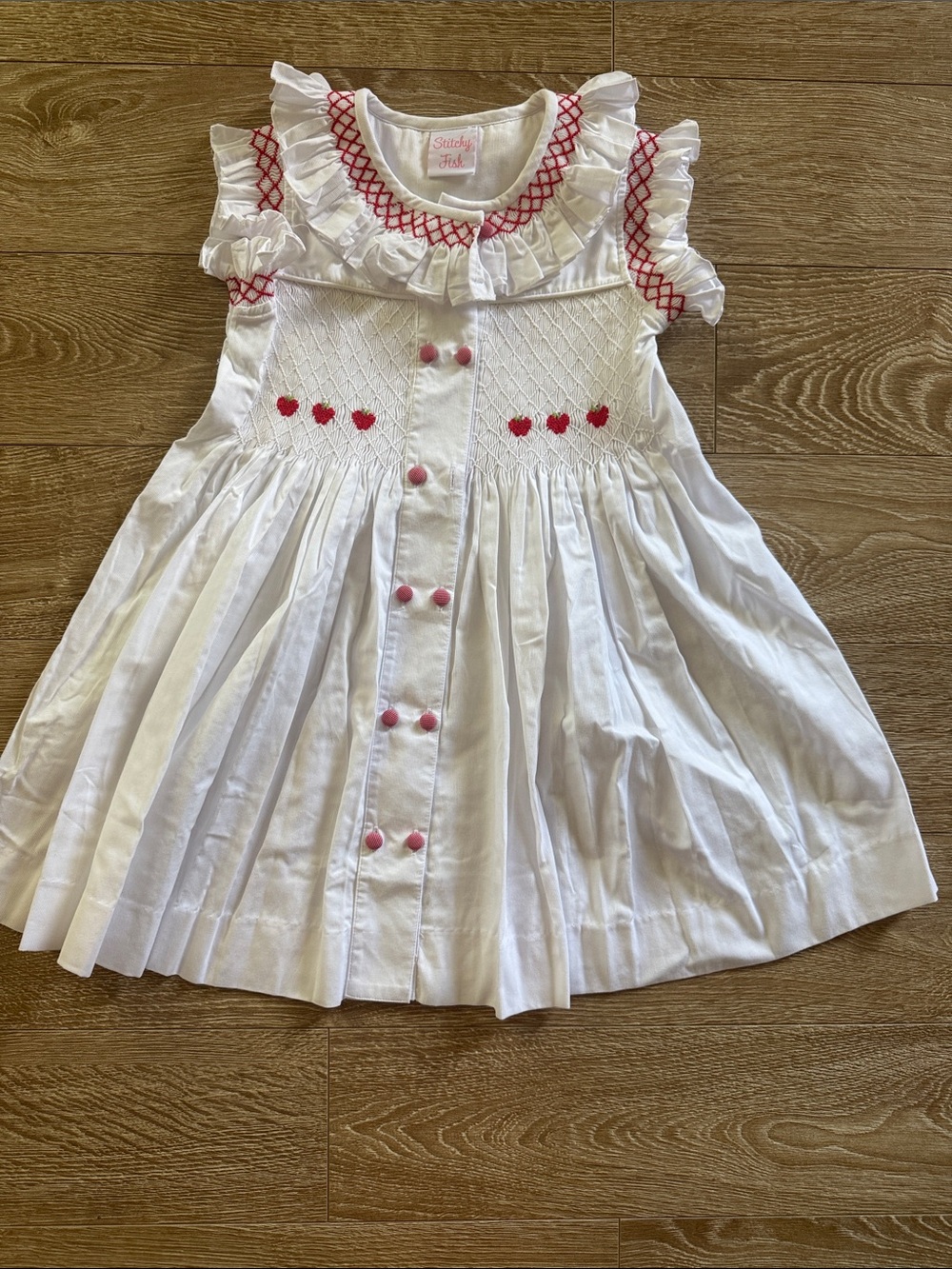 White and Pink Ruffle Smocked Kids Dress